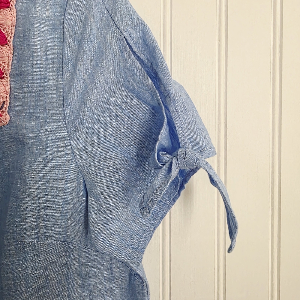 TALBOTS Boho Embroidered Linen Blue Blouse Small - Picture 6 of 12